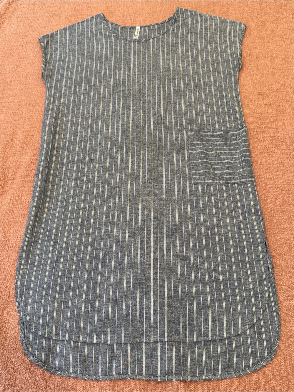 Hemp / organic cotton Striped Chambray Midi Dress with front Pocket - Blue